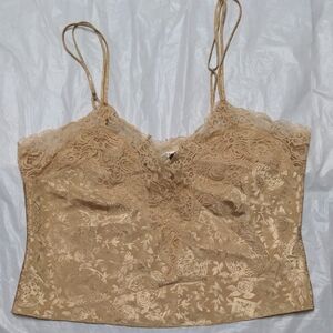 Victorias Secret Vintage Gold Label Jacquard Tan Satin Lace Camisole Tank Top Md